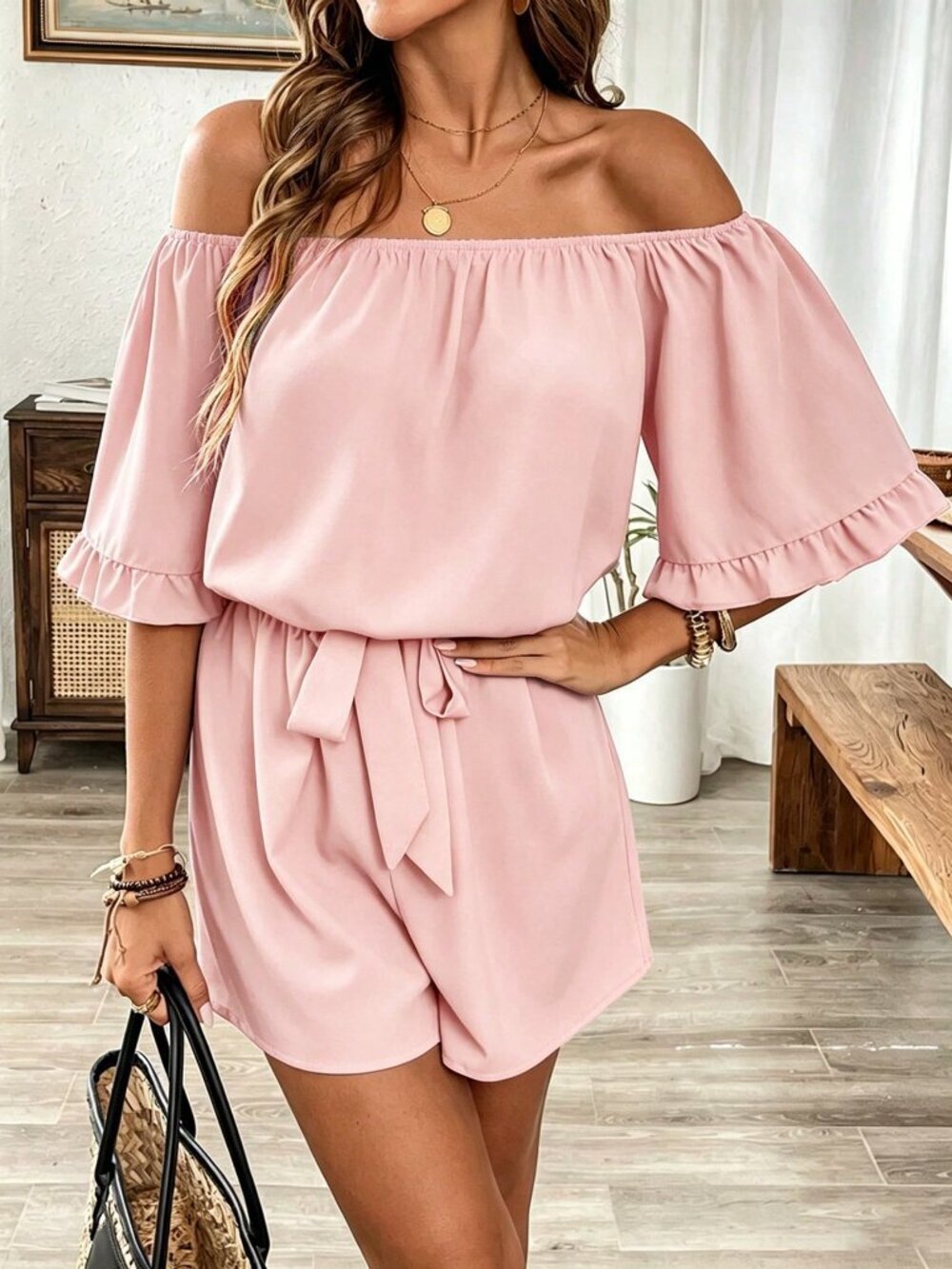 Pink Casual Women's Hawaiian Style Ruffled Off-Shoulder Romper - Picture 5 of 5